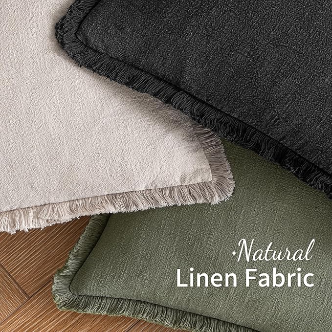 MIULEE Decorative Throw Pillow Covers Neutral Linen Fringe Throw Pillows Set of 2 Black Boho Farmhouse Cushion Covers with Tassels for Couch Sofa Bed Living Room Spring Home Decor 18x18 Inch