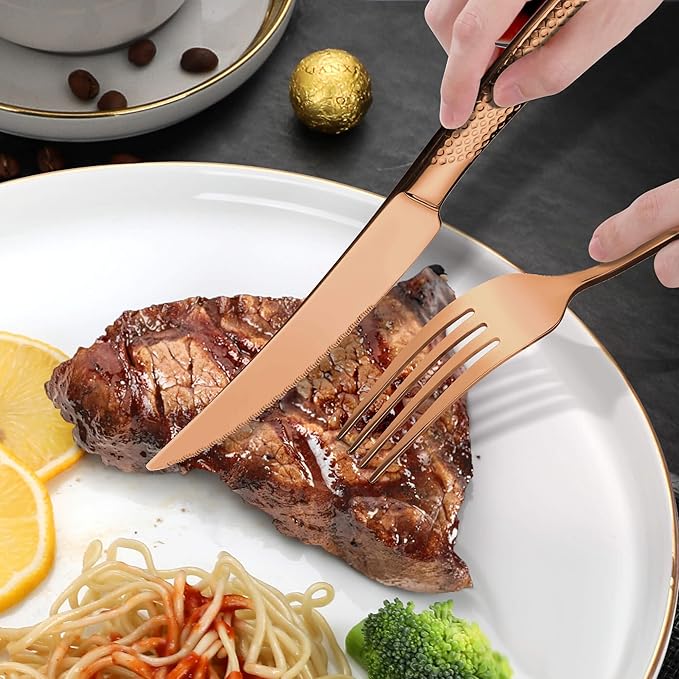 Lemeya 20-Piece Hammered Rose Gold Silverware Set for 4 with Serrated Forging Knives,18/10 Stainless Steel Modern Flatware Set,Unique Cutlery Set Spoons and Forks Set,Mirror Polished,Dishwasher Safe