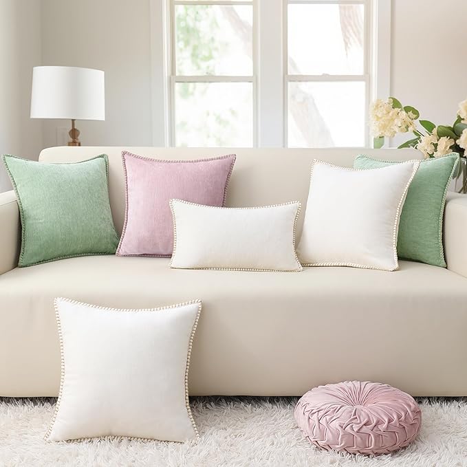 decorUhome Christmas Chenille Soft Throw Pillow Covers 12x20 Set of 2, Lumbar Velvet Farmhouse Neutral Decorative Euro Pillow Covers with Stitched Edge for Couch Sofa Bed Home Decor, Sage Green