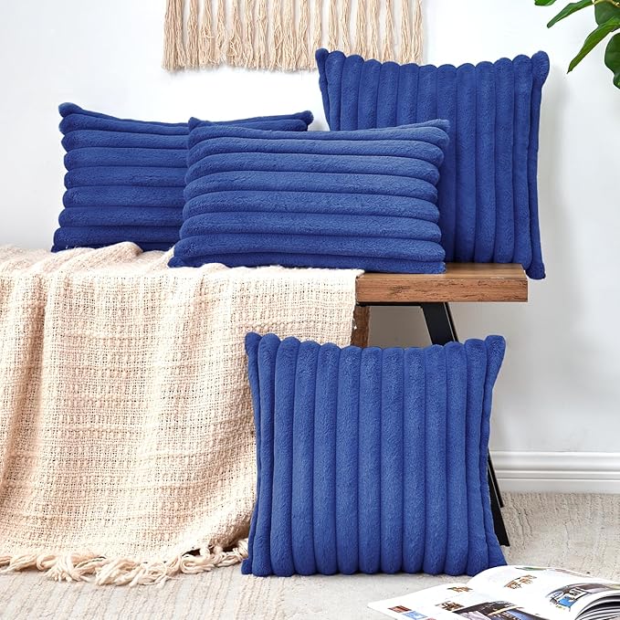 Throw Pillow Covers Decorative Faux Fur Set of 2 18x18 Inch Pillow Covers, Soft Navy Blue Striped Pillowcases for Couch Sofa Bed Living Room, Fluffy Cute Home Boho Accent Fuzzy Decor