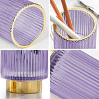 DASITON Makeup Brush holder Organizer,Crystal Cosmetic Makeup Brush Glass Brushes Storage Holder, Vintage Make Up Brush Cup Pen Pencil Holder striped vase(Purple L)