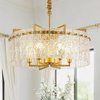Gold Crystal Chandeliers for Dining Room 6-Light, 22” Modern Water Ripple Glass Light Fixture, Farmhouse Round Lighting for Kitchen Island, Bar Table