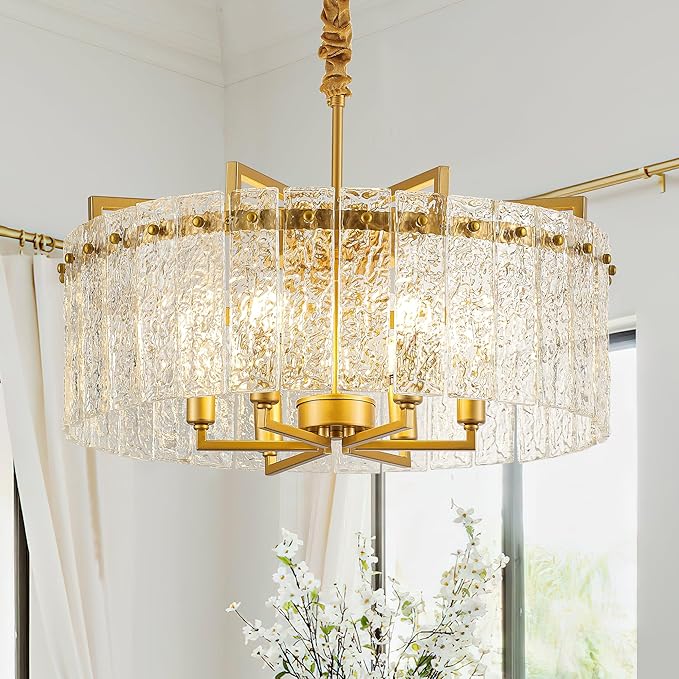 Gold Crystal Chandeliers for Dining Room 6-Light, 22” Modern Water Ripple Glass Light Fixture, Farmhouse Round Lighting for Kitchen Island, Bar Table
