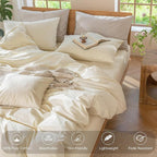 MooMee Bedding Duvet Cover Set 100% Washed Cotton Linen Like Textured Breathable Durable Soft Comfy (Solid Cream White, Twin 68"x90")