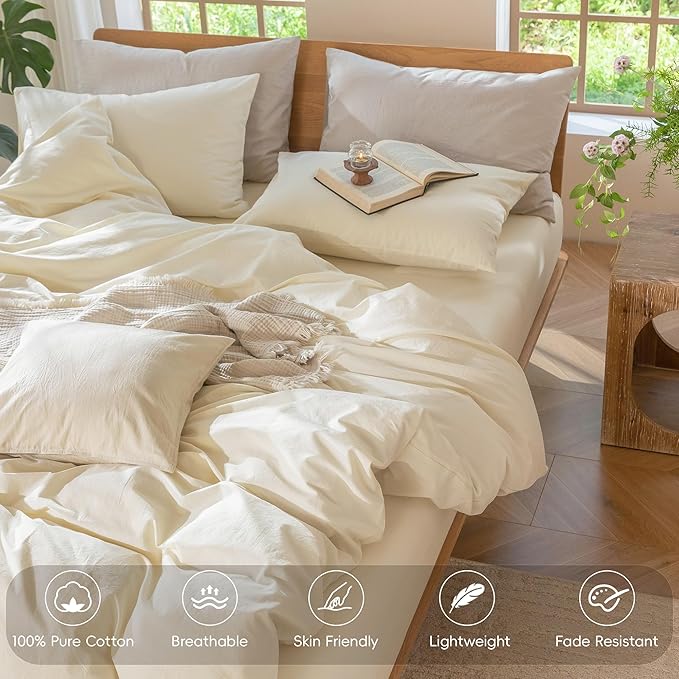 MooMee Bedding Duvet Cover Set 100% Washed Cotton Linen Like Textured Breathable Durable Soft Comfy (Solid Cream White, King 104"x90")