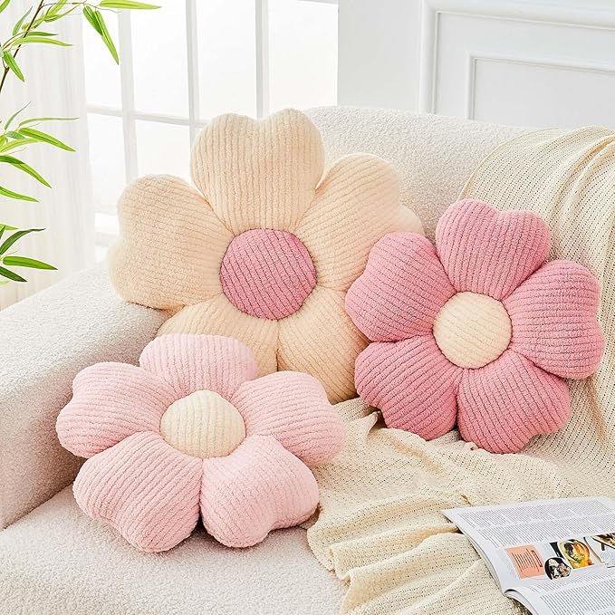Flower Throw Pillow, Cute Flower Shaped Pillow Decorative Throw Pillow for Bed Couch, Soft Daisy Pillows Floor Seating Cushion Cushions (14.9 Inch Ivory+Pink)