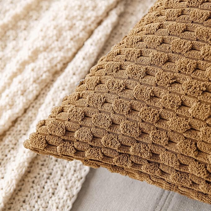 MIULEE Pack of 2 Decorative Lumbar Throw Pillow Covers 12x20 Inch Soft Boho Striped Textured Corduroy Pillow Covers Modern Farmhouse Home Decor for Couch Bed Sofa Living Room Light Coffee