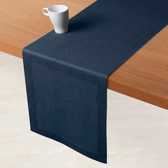 D'Moksha Homes Linen Table Runner 60 Inches - 100% Pure Linen Navy Blue Table Runner 14 x 60 Inch for Coffee Tables, Dresser, Fall, Autumn and Halloween - Machine Washable