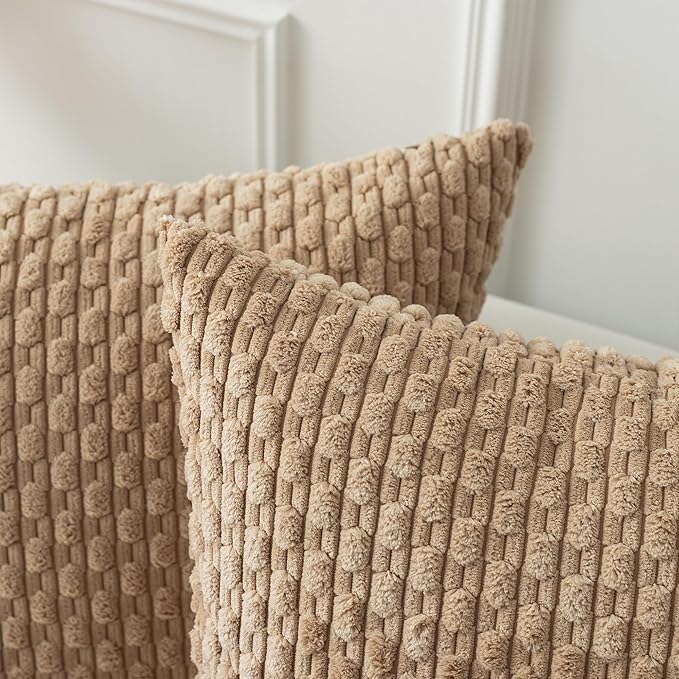 Kevin Textile Throw Pillow Covers Soft Corduroy Decorative Set of 2 Boho Striped Pillow Covers Pillowcases Farmhouse Home Decor for Couch Bed Sofa Living Room 18x18 Inch Tan