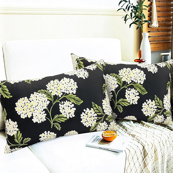 Decorative Throw Pillow Covers Set of 2 Black Hydrangea Pillow Covers 12x20 inch Super Soft Short Plush Square Floral Throw Pillows,Farmhouse Outdoor Pillow Covers for Couch Living Room