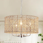 18.9'' Hand Woven Rattan Chandelier, 5-Light Rattan Pendant Light Farmhouse Chandeliers for Dining Room Light Fixture, Rustic Chandelier Wicker Hanging Pendant Lighting for Bedroom Living Room Foyer
