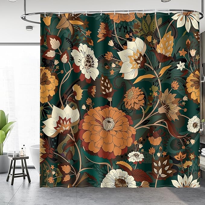Aimego Long Boho Shower Curtain - Dark Green Floral Bohemian Chic Flowers Botanical Leaves Fabric Cloth Shower Curtain Set with 12 Hooks for Bathroom Decor Accessories Bathtub Curtain, 72"x78"