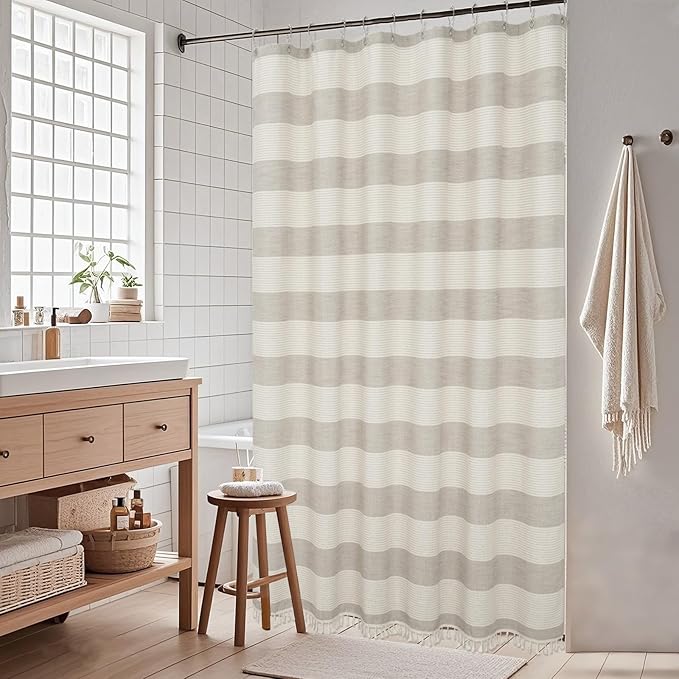 Boho Farmhouse Beige Heavyweight Shower Curtain with Tassels, 350GSM Cotton Linen Natural Fabric Shower Curtain Water Repellent, 72x72 Inch Khaki Tan Striped Country Bathroom Shower Curtains
