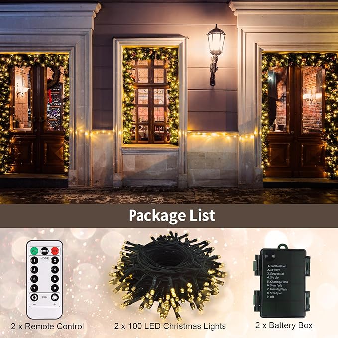 2 Pack Christmas String Lights Battery Operated, 33Ft 100 LED Fairy Lights Waterproof Green Wire Wreath lights Tree Lights with Remote 8 Modes Timer for Bderoom Wedding Decoration (Warm White)