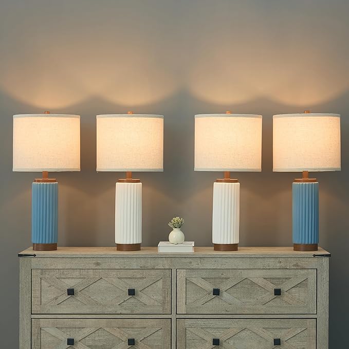 Ceramic Table Lamp Set of 2, 25" Modern Farmhouse Bedside Lamps with Oatmeal Linen Shade & USB A+C Ports, 3-Way Dimmable Nightstand Lamps for Living Room, Bedroom, Dining Room