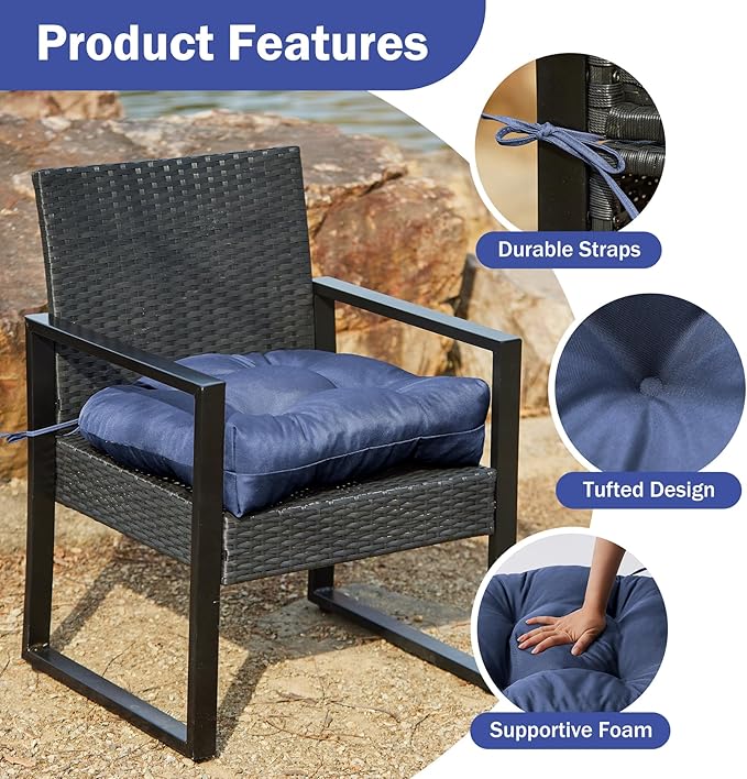 Outdoor Chair Cushions Set of 2, Patio Chair Cushions with Ties, 17x17+4” Tufted Outdoor Seat Cushions, Waterproof Patio Furniture Cushions, Outdoor Dining Chair Pads, Navy
