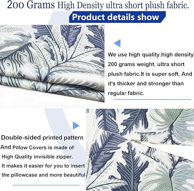 Decorative Throw Pillow Covers Set of 2 Blue Green Large Leaves Pillow Covers 18x18 inch Soft Short Plush Square Floral Throw Pillows,Farmhouse Outdoor Pillow Covers for Couch Living Room