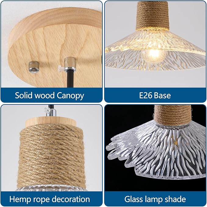 Pendant Light with Clear Striped Glass Lampshade, Farmhouse Hemp Rope Vintage Chandelier, Adjustable Height Hanging Rustic Light Fixture for Dining Room Living Room Hallway