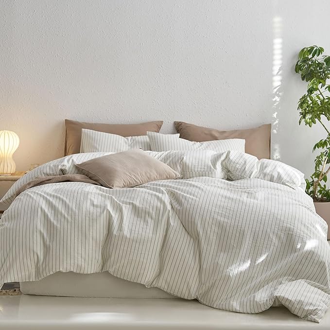 MooMee Striped Duvet Cover Set 100% Washed Cotton Linen Like Textured Breathable Durable Soft Comfy (White Sage Green Wide Stripes, Super Queen 90"x98")