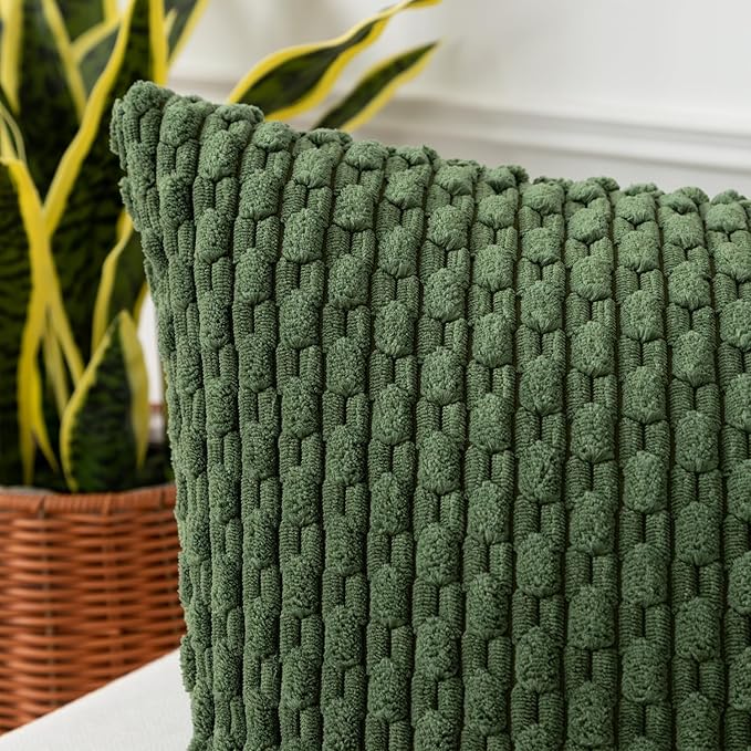 Kevin Textile Throw Pillow Covers Soft Corduroy Decorative Set of 2 Boho Striped Pillow Covers Pillowcases Farmhouse Home Decor for Couch Bed Sofa Living Room 24x24 Inch Moss Green