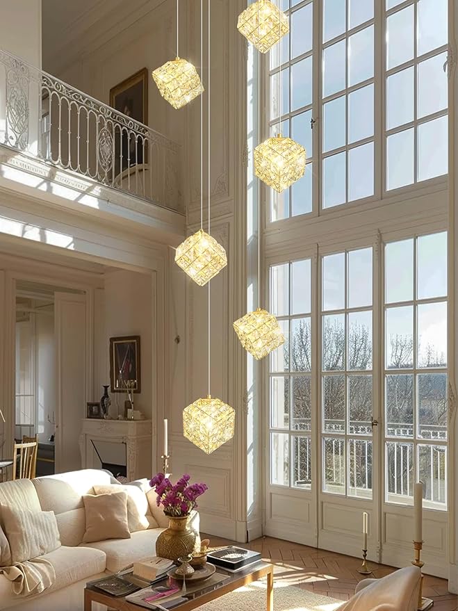 6-Lights Chandeliers for Dining Room Modern Gold Chandeliers for High Ceilings Crystal Pendant Light Fixture for Living Room Kitchen Island Foyer Hallway Bar