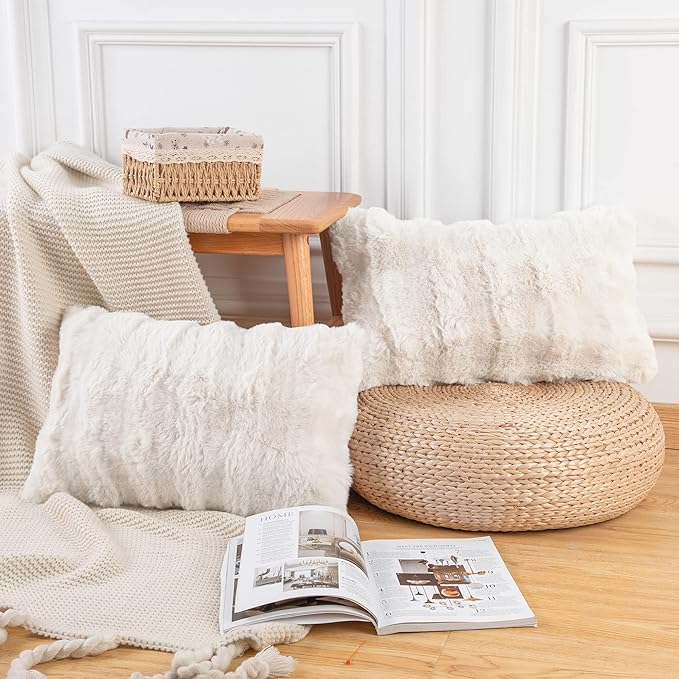 MADIZZ Pack of 2 Thick Plush Wool Throw Pillow Covers 12x20 Inch Cream Soft Neutral Decorative Throw Pillows Accent Boho Cushion Covers for Couch Sofa Bedroom Pillow Shell