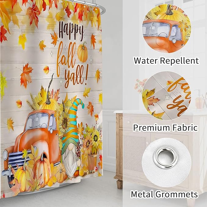 Happy Fall Shower Curtain Gnome Truck Autumn Pumpkin Maple Leaves Harvest Thanksgiving Farmhouse Bathroom Curtains Waterproof Polyester Fabric Bath Curtain 72 x 72 Inch with 12 Hooks