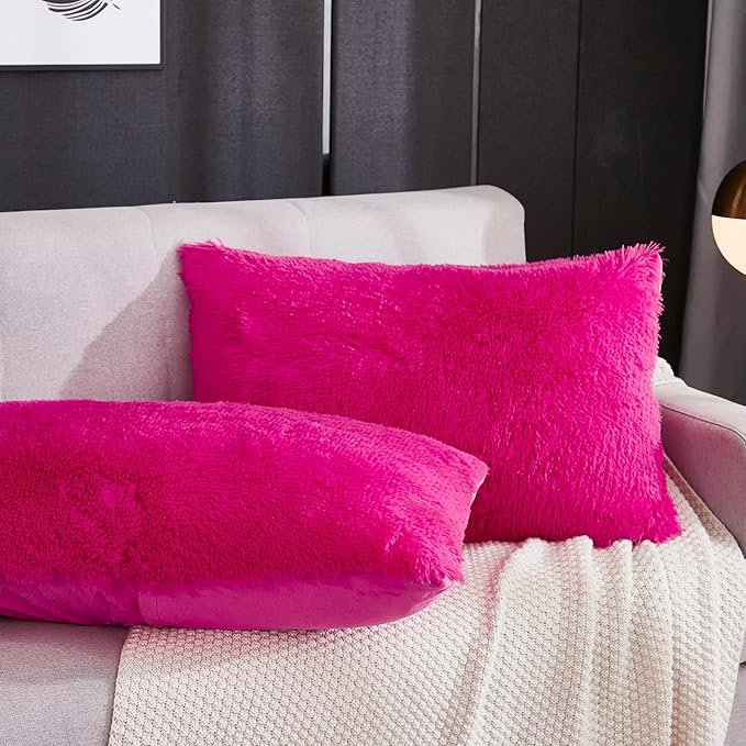 WERDIM Shaggy Fluffy Faux Fur Pillowcases 2 Pack Button Closure Velvet Pillow Shams Standard/Queen Size (Hot Pink, 20 X 26 Inches)