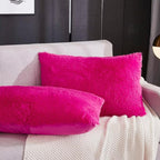 WERDIM Shaggy Fluffy Faux Fur Pillowcases 2 Pack Button Closure Velvet Pillow Shams Standard/Queen Size (Hot Pink, 20 X 26 Inches)