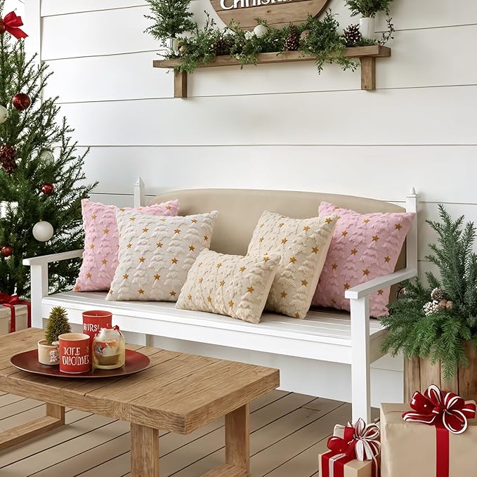 MIULEE Christmas Pillow Covers 18x18 Inch Set of 2, Pink Christmas Tree Plush Faux Fur Pillowcases Soft Decorative Throw Pillow Cases for Couch Sofa Living Room Winter Xmas Holiday Home Decor