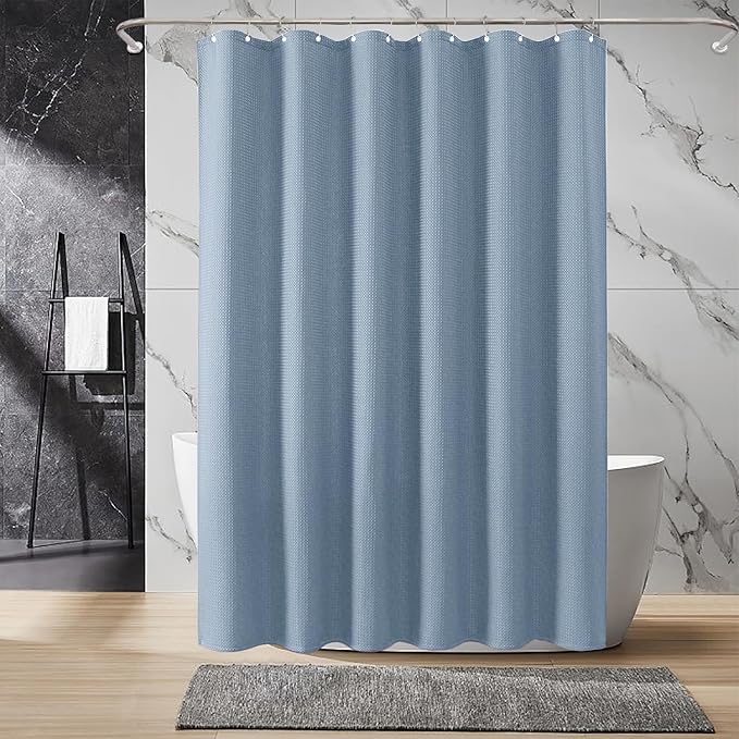 Inhousolu Fabric Shower Curtain Waffle Weave, Fog Blue 230 GSM Heavy Duty, Weighted Hem, 14 Metal Hooks, Water Repellent, Machine Washable, Hotel Spa Luxury Bath Curtain Set, 72 x 72 Inch