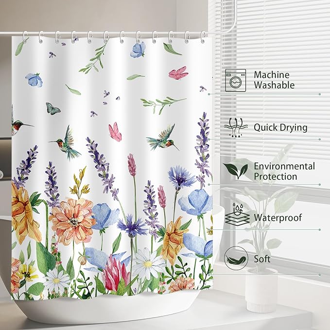 Hummingbird Floral Shower Curtains for Bathroom, Spring Summer Bathroom Decor Flower Shower Curtain Set - 72x72 Inch Waterproof Fabric Shower Curtain with Hooks Bathtub Curtain