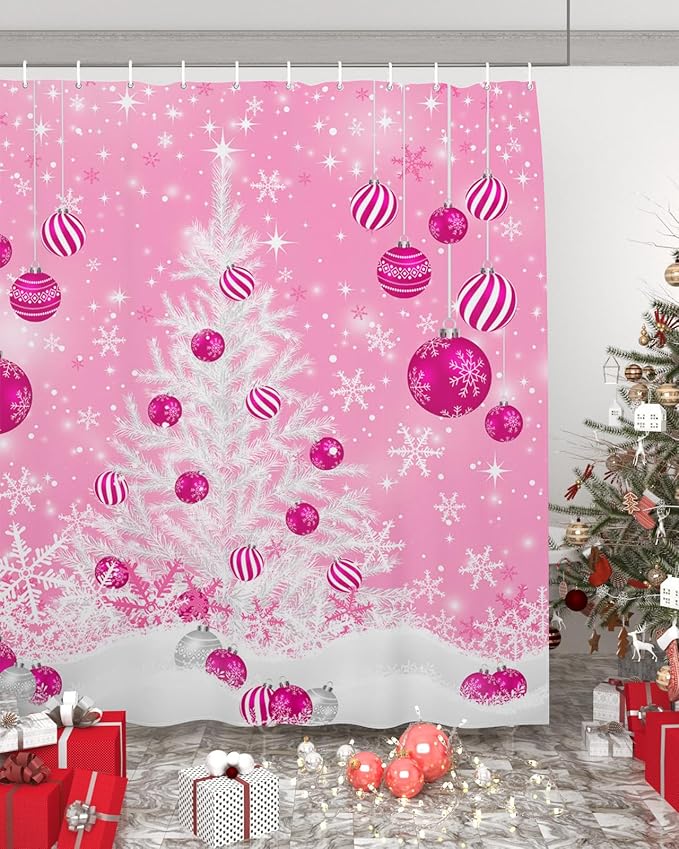 Pink Christmas Shower Curtain, White Xmas Tree Snowflakes Pink Balls Shower Curtains Set with Hooks, Winter Waterproof Fabric Bathroom Curtains Decor Home Accessories, Stall Long 54 X 78 Inch