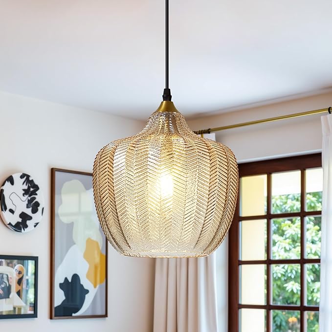 Modern Gold Pendant Light, Amber Glass Farmhouse Kitchen Island Pendant Light Fixture Adjustable Vintage Hanging Ceiling Light for Dining Room Corridor Bedroom 9.45 inch