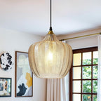 Modern Gold Pendant Light, Amber Glass Farmhouse Kitchen Island Pendant Light Fixture Adjustable Vintage Hanging Ceiling Light for Dining Room Corridor Bedroom 9.45 inch