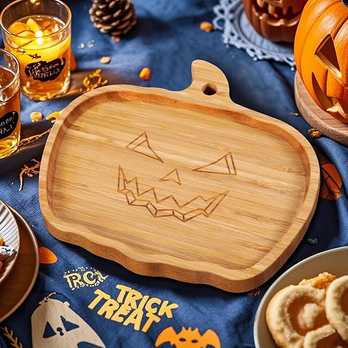 TJ POP Halloween Pumpkin Serving Platter - Spooky Pumpkin Charcuterie Board | 10” x 9” Bamboo Serving Tray | Natural Wood Appetizer Platter for Candy, Snacks, Desserts, Festive Decor & Food Display
