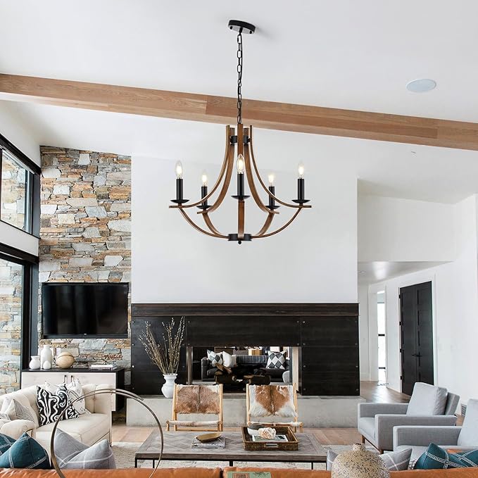 22“ Farmhouse Wooden Chandelier Modern Vintage 5-Lights Candle Style Chandeliers with Wood Finish Metal Industrial Retro Rustic Black Chandelier for Dining Room, Kitchen, Living Room, E12