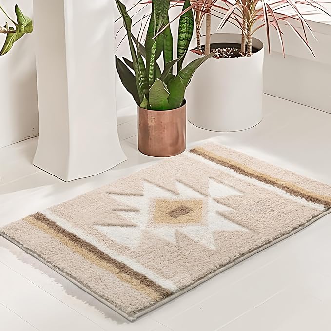 Bathroom Rugs Beige Boho Bath Mat Non Slip, Soft Absorbent Washable Bath Rug Floor Mat for Bathroom Shower Tub Modern Decor 18x24