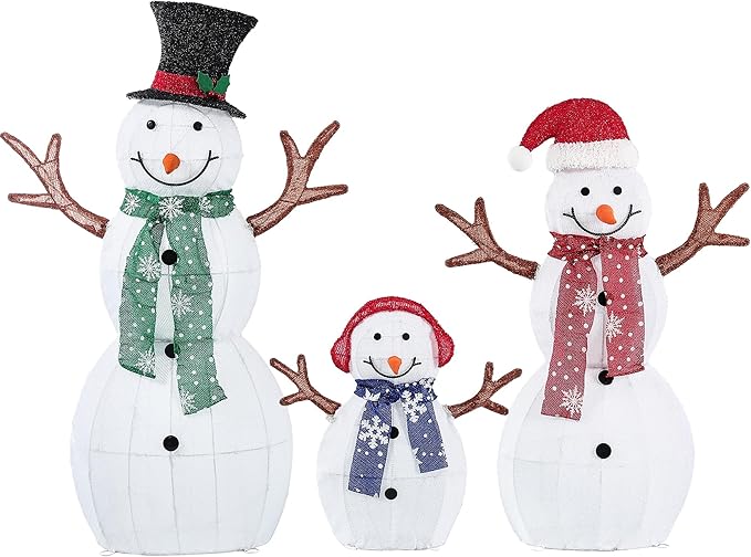Large Christmas Snowman Family Decorations, 43Inch 3D Pre-Lit Snowman with 200 LED Lights & Zip Ties, Outdoor Indoor Holiday Decor for Yard,Porch,Home-Sparkling White