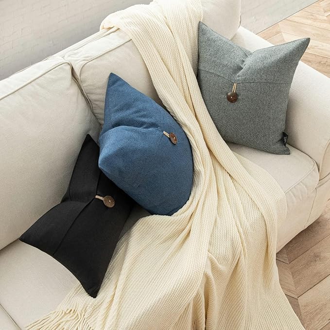 Phantoscope Pack of 2 Farmhouse Throw Pillow Covers Button Vintage Linen Decorative Pillow Cases for Couch Bed and Chair Navy Blue 18 x 18 inches 45 x 45 cm