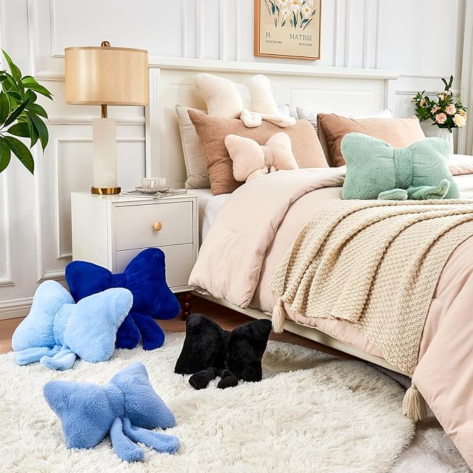 Black Bow Pillow, Soft Bow Decorative Pillows with Faux Rabbit Fur, Cute 16" Bow Throw Pillows, Aesthetic Home Decor Bow Shaped Plush Pillow for Bedroom Sofa Couch
