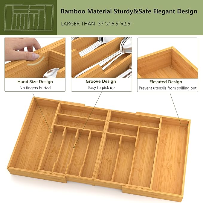 Suli Large Silverware Drawer Organizer，Adjustable Kitchen Flatware for Forks Knives and Spoons， Bamboo Cutlery Utensil Holder,Expandable from 12in-37in，Natural Bamboo