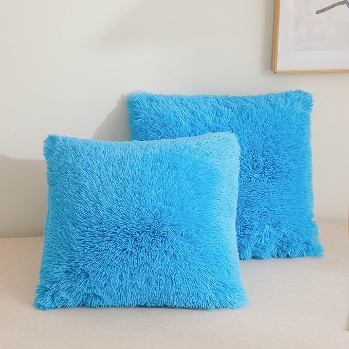 XeGe Faux Fur Throw Pillow Covers, Luxury Fluffy Plush Blue Pillow Shams, Shaggy Furry Decorative Pillow Fuzzy Cushion Cover for Sofa Bed Couch, Zipper Closure, Pack of 2(18''x18'', Blue)