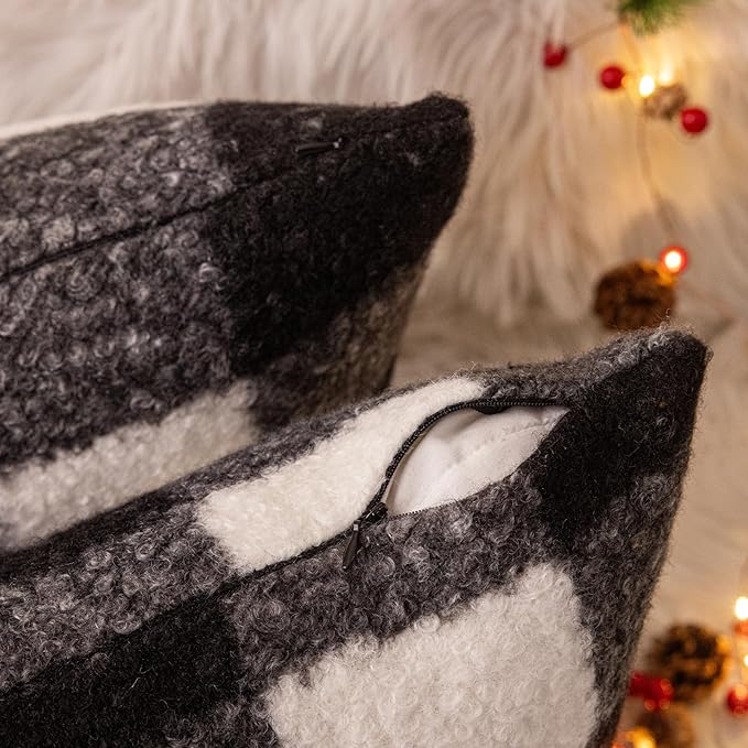 AQOTHES Black White Plaid Winter Throw Pillow Covers 12x20 Inch Set of 2, Boucle Faux Fur Pillow Covers,Cozy Fluffy Home Living Room Farmhouse Decor for Sofa Couch Bed