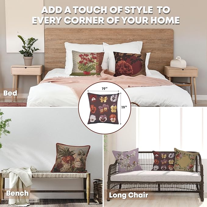 Charlotte Home Furnishings Floral Decorative Throw Pillow Cover 19x19 in, Pansies French Country Couch Pillow Case, Home Decor Cozy Tapestry Cushion Cover, European Cotton Jacquard Woven