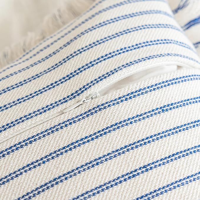 Throw Pillow Covers 24x24 Set of 2 Striped Fringe Pillow Cover Farmhouse Cushion Covers with Tassel Neutral Boho Pillows Decorative Square Pillowcase for Couch Sofa Bed, Blue