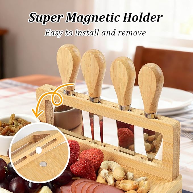 Bamboo Cheese Board Set - Charcuterie Boards and Serving Meat Platter, Cheese Tray with 4 Stainless Steel, 1 Drawers, Cheese Knives Cutting Board Platter, Ideal for Halloween, Wedding