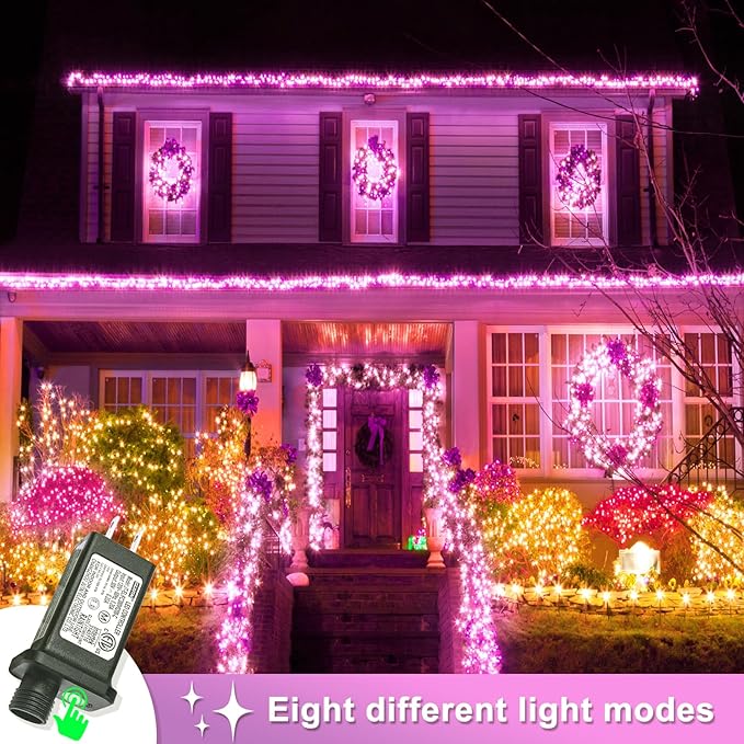 800 LED Pink String Lights Outdoor 262ft Pink Christmas Lights 8 Modes Lights Clear Wire, Plug in Waterproof Fairy String Lights for Bedroom Christmas Decorations