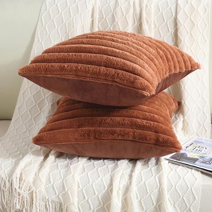 FUTEI Brown Striped Decorative Throw Pillow Covers 16x16 Inch Set of 2,Square Winter Decorations Couch Pillow Case,Soft Cozy Faux Rabbit Fur & Velvet Back,Modern Home Decor for Bed
