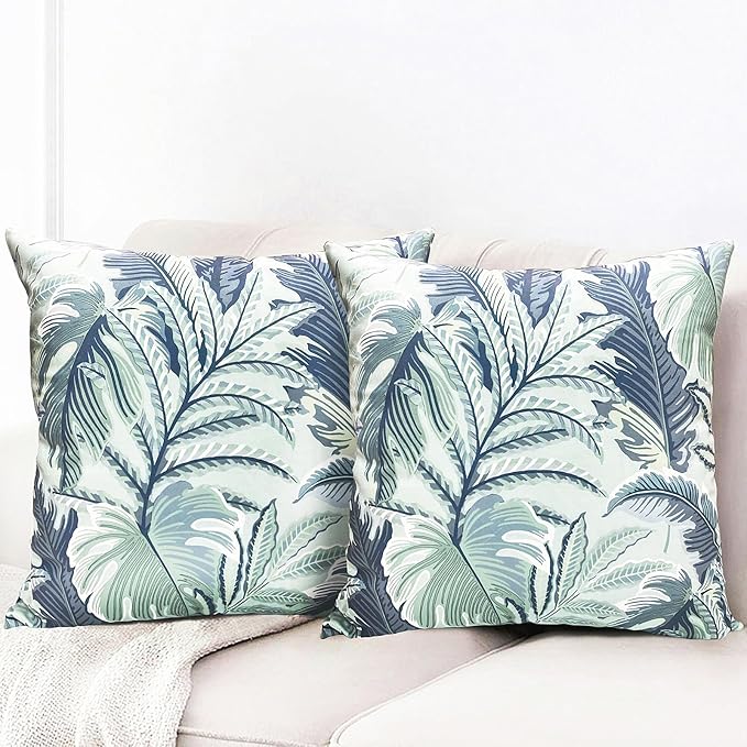 Decorative Throw Pillow Covers Set of 2 Blue Green Large Leaves Pillow Covers 16x16 inch Soft Short Plush Square Floral Throw Pillows,Farmhouse Outdoor Pillow Covers for Couch Living Room